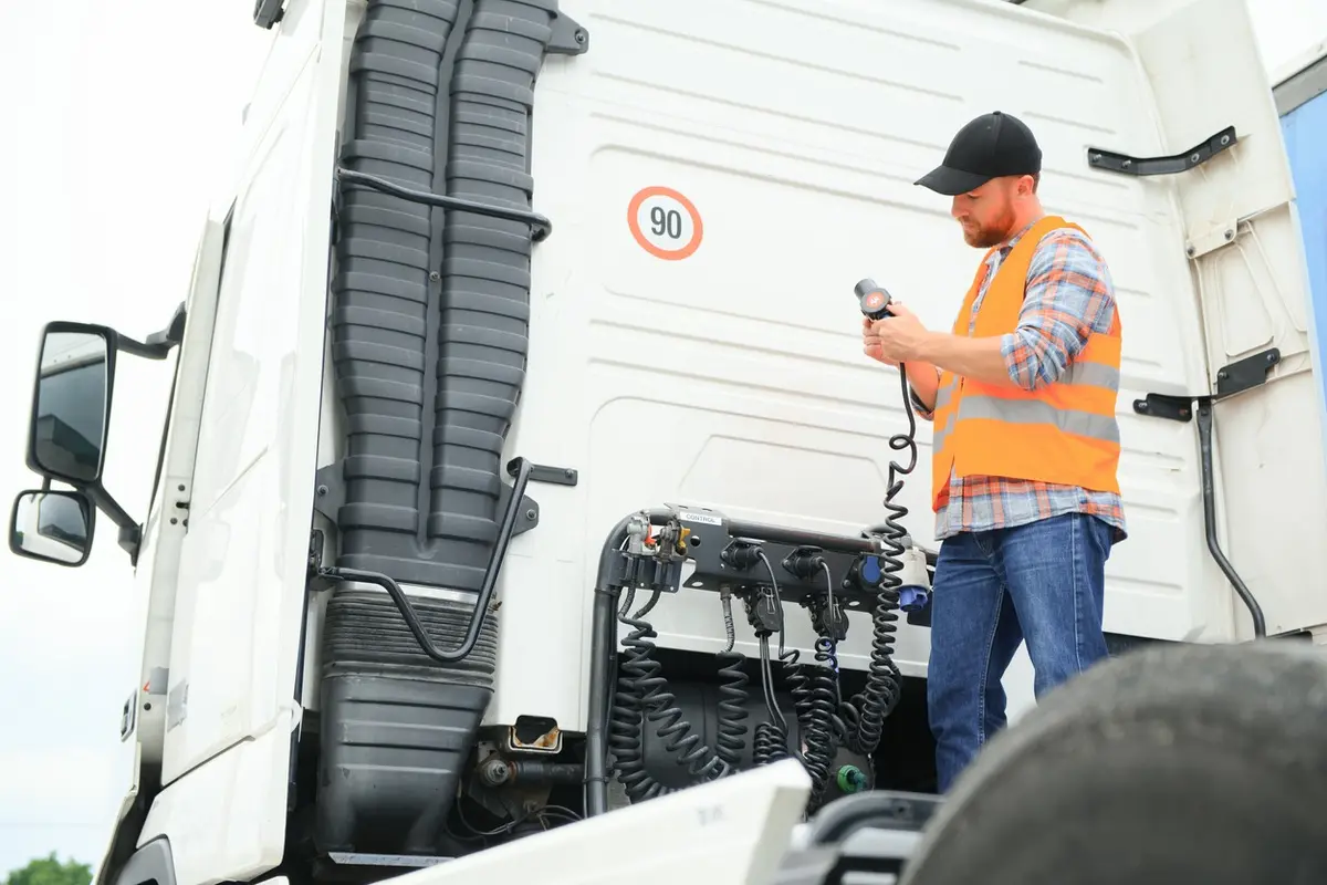 A truck driver in a high-visibility jacket checking a phone by the cab