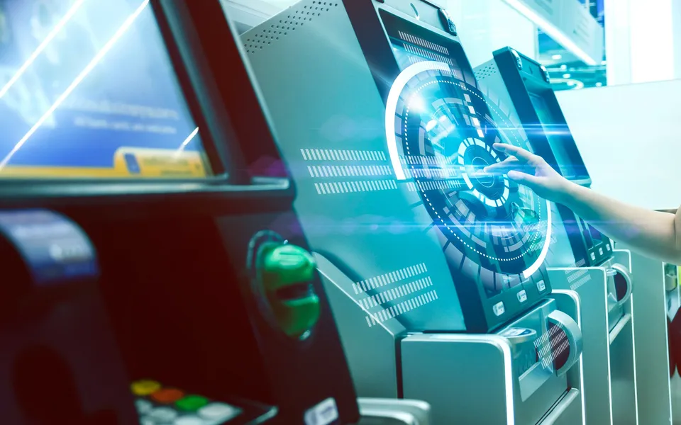 An ATM with a security overlay on its screen