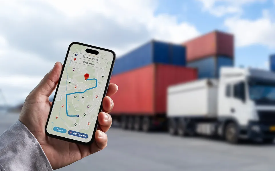 A phone showing a map in front of a truck with a container