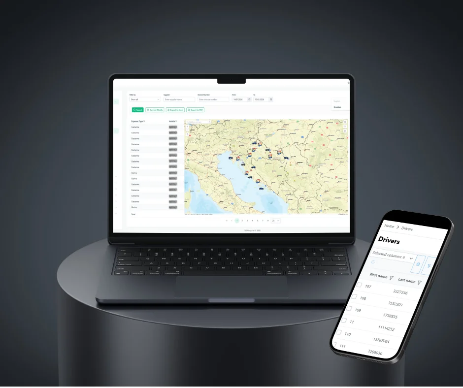 The Convivo Connect web app on a laptop with an expense list and a vehicle map, and the driver list on a phone